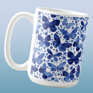 蝶の水彩インディゴブルー コーヒーマグカップ