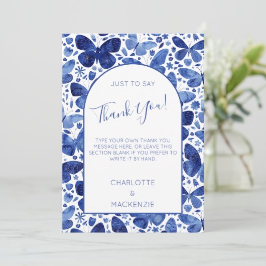 蝶の水彩模様(青と白) サンキューカード (スタンド正面)