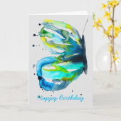 蝶の水彩画 青 カード (黄色い花)