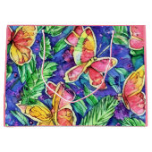 蝶の水色の可愛いピンクの背景 ラージペーパーバッグ (正面)