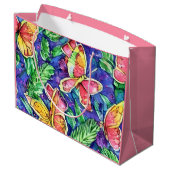 蝶の水色の可愛いピンクの背景 ラージペーパーバッグ (裏面アングル)