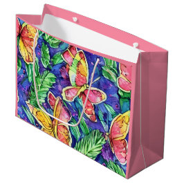 蝶の水色の可愛いピンクの背景 ラージペーパーバッグ