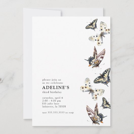 蝶の水色の誕生日パーティーへの招待 招待状 (正面)