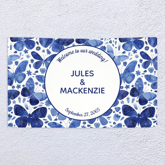 蝶の水色インディゴブルー結婚のバナー 横断幕