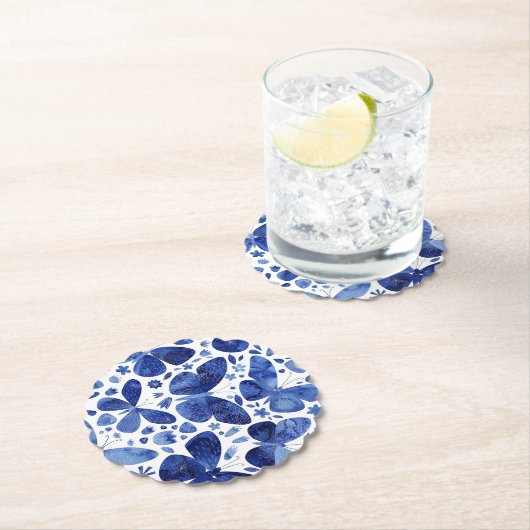 蝶の水色インディゴブルー ペーパーコースター (インサイチュ)