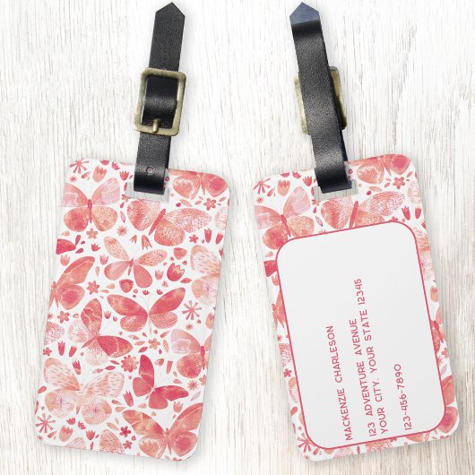 蝶の水色コーラルピンクパーソナライズされた色 ラゲッジタグ