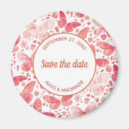 蝶の水色コーラルピンク日付を保存 マグネット