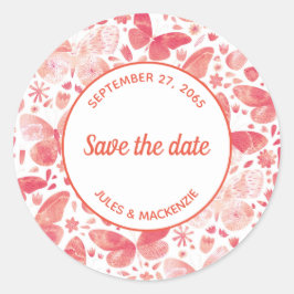 蝶の水色コーラルピンク日付を保存 ラウンドシール