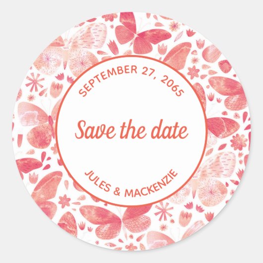 蝶の水色コーラルピンク日付を保存 ラウンドシール (正面)