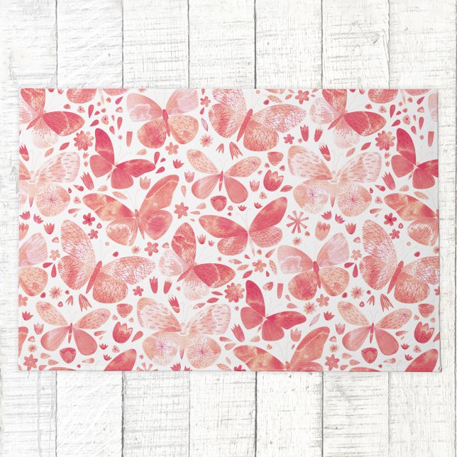 蝶の水色コーラルピンク ドアマット (Coral blush pink peach and white watercolor butterfly pattern art doormat)