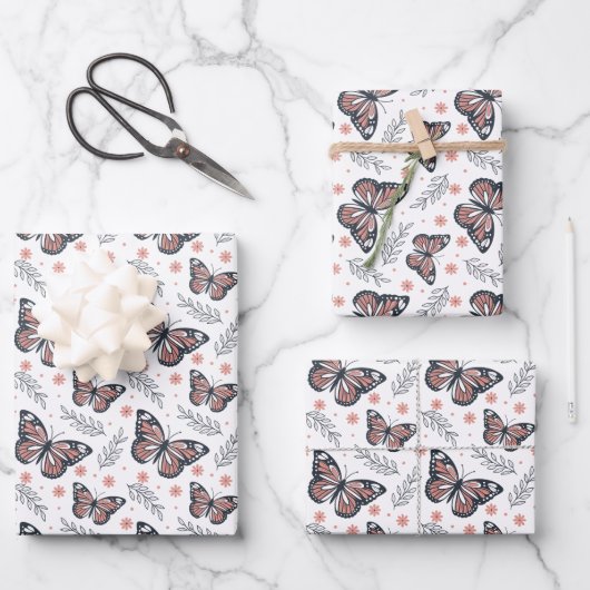 蝶の水色コーラルピンク ラッピングペーパーシート (正面)