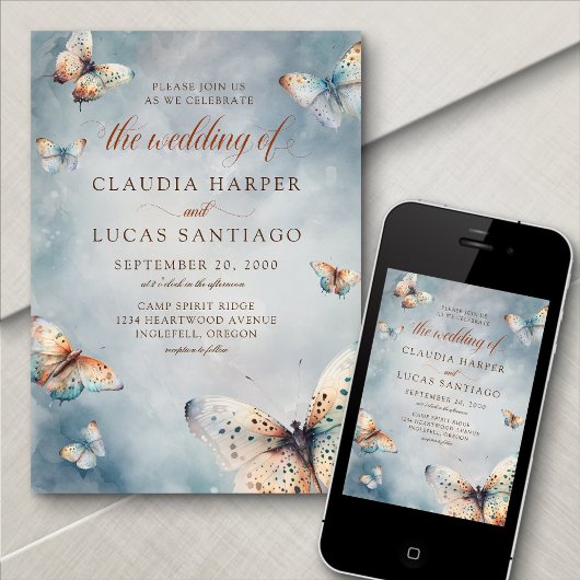 蝶の水色ティール(緑がかった色)テラコッタ結婚ズInv 招待状