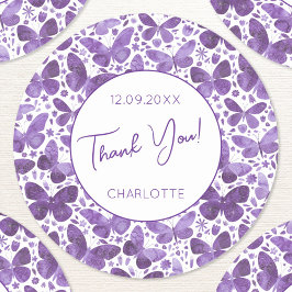蝶の水色パープルありがとうお名前Date ラウンドシール