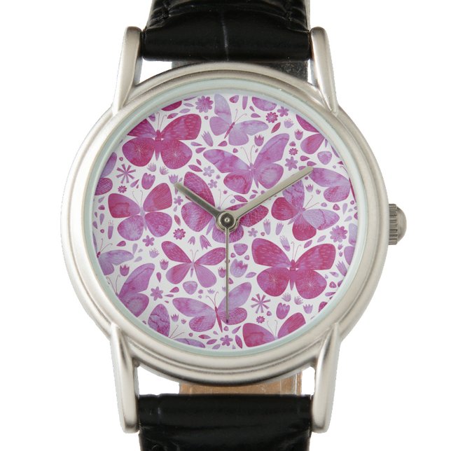 蝶の水色ピンク 腕時計 (Magenta pink and white watercolor butterfly pattern watch)