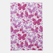 蝶の水色マゼンタピンクキッチンタオル キッチンタオル (縦)