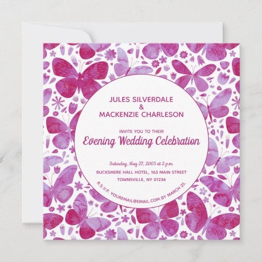 蝶の水色マゼンタピンク夕べ 招待状 (正面)