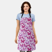 蝶の水色マゼンタピンク エプロン (着用した状態)