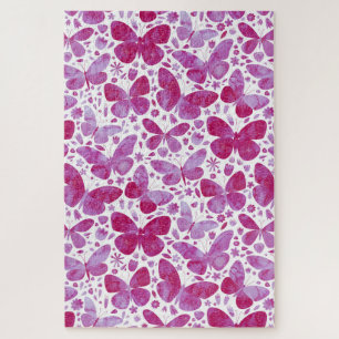 蝶の水色マゼンタピンク ジグソーパズル