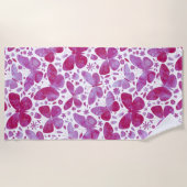 蝶の水色マゼンタピンク ビーチタオル (正面)