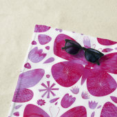 蝶の水色マゼンタピンク ビーチタオル (インサイチュ)