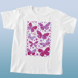蝶の水色マゼンタピンク Tシャツ
