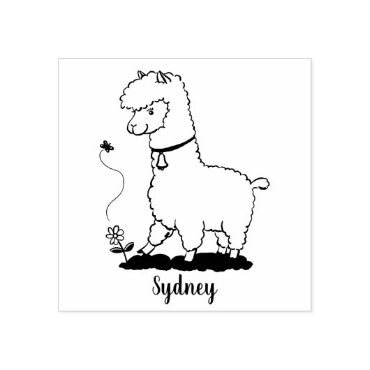 蝶の漫画と可愛い幸せなアルパカ ラバースタンプ (インプリント)