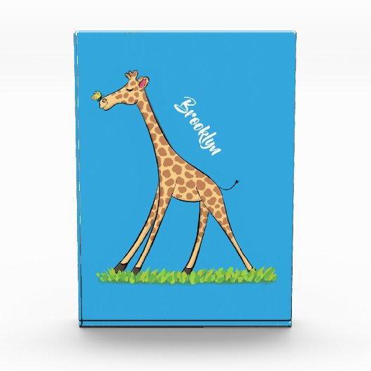 蝶の漫画と可愛い幸せなキリン フォトブロック (正面)