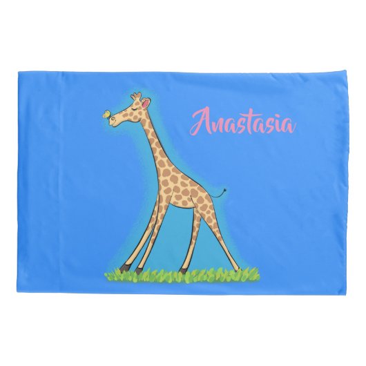 蝶の漫画と可愛い幸せなキリン 枕カバー (裏面)