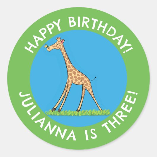 蝶の漫画の誕生日と可愛いキリン ラウンドシール (正面)