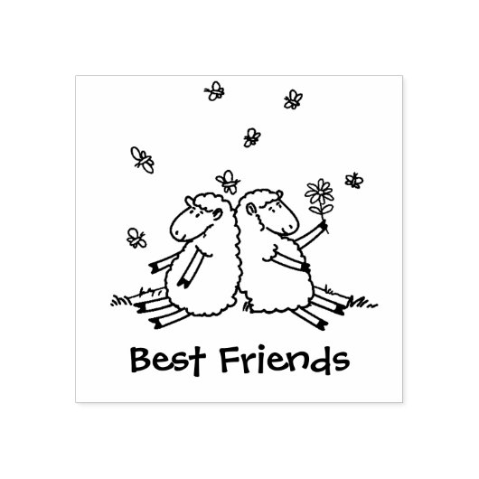 蝶の漫画スタンプと可愛い羊の友人 ラバースタンプ (インプリント)