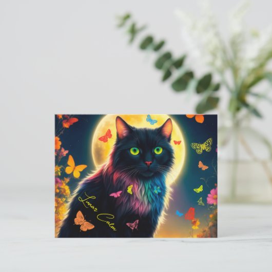 蝶の猫白熱［赤熱］光を放つの星空の夜動物 ポストカード (スタンド正面)