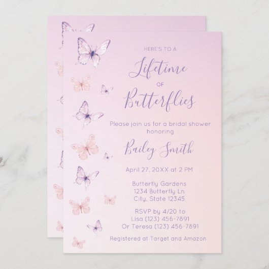 蝶の生涯のシャワーの招待状 招待状 (正面/裏面)