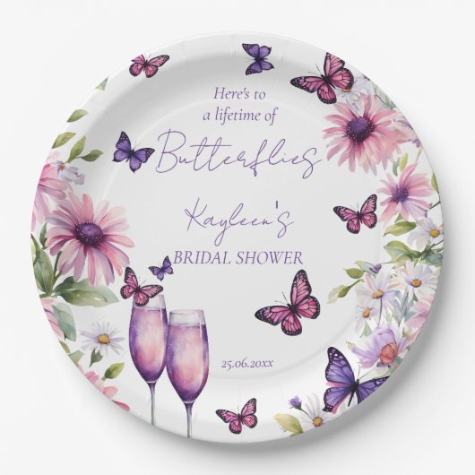 蝶の生涯パープルブライダルシャワー ペーパープレート (正面)