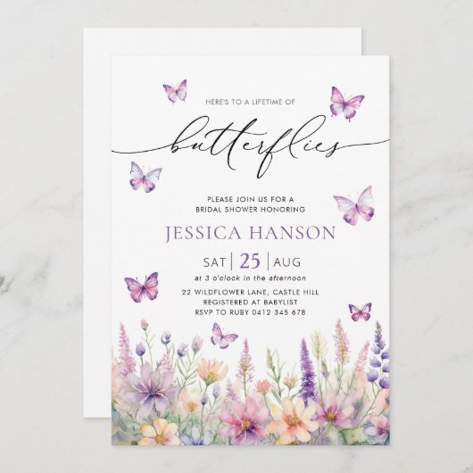 蝶の生涯ブライダルシャワーワイルドフラワー 招待状 (正面/裏面)