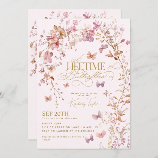 蝶の生涯ワイルドフラワーズブライダルシャワー 招待状 (正面/裏面)