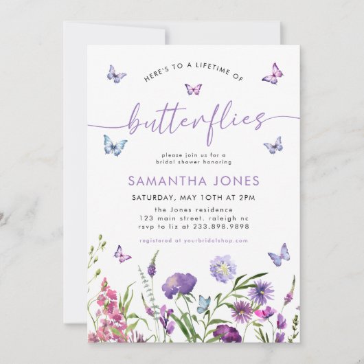 蝶の生涯ワイルドフラワーズブライダルシャワー 招待状 (正面)