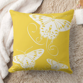 蝶の白に明るい黄色のパターン クッション