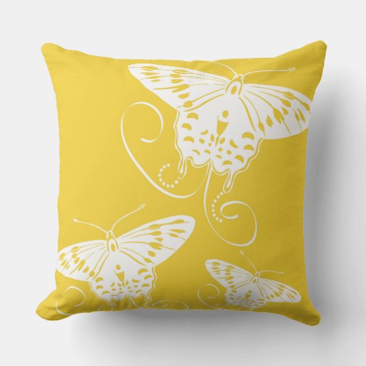 蝶の白に明るい黄色のパターン クッション (正面)