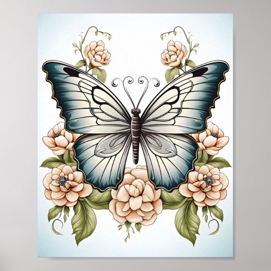 蝶の白黒のスケッチ ポスター (正面)