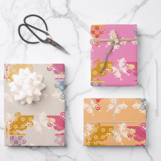 蝶の着物ミックス模様 ラッピングペーパーシート (正面)