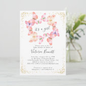 蝶の空サンゴ金ゴールド女の子ベビーシャワー 招待状 (スタンド正面)