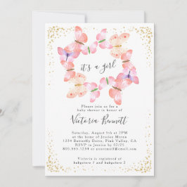 蝶の空サンゴ金ゴールド女の子ベビーシャワー 招待状