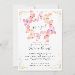 蝶の空サンゴ金ゴールド女の子ベビーシャワー 招待状