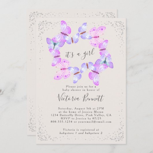 蝶の空ピンク女の子の赤ちゃんシャワー 招待状 (正面/裏面)