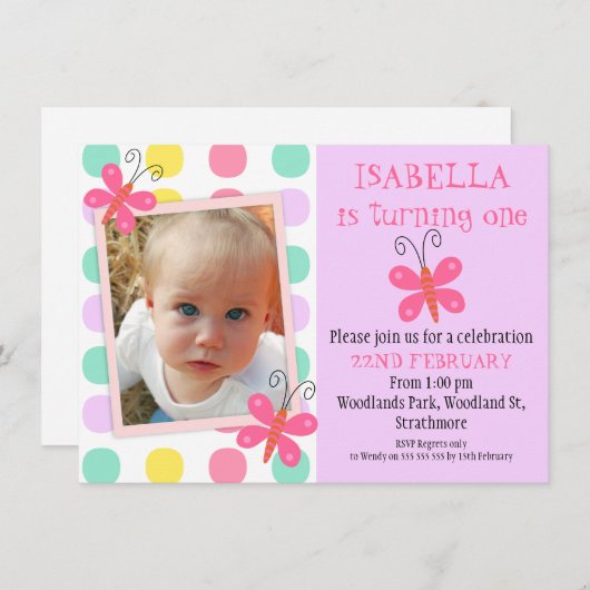 蝶の第1または第2の誕生日パーティの招待状 招待状 (正面/裏面)