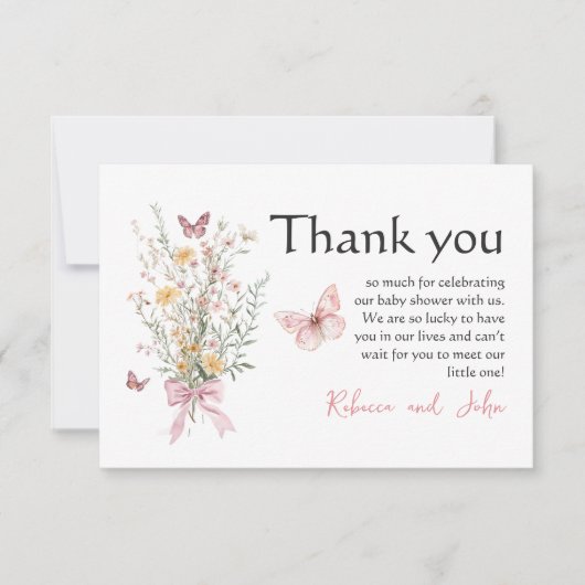 蝶の素朴野生の花のフローラ赤ちゃんシャワー サンキューカード (正面)