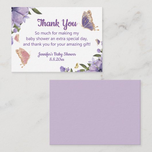 蝶の紫のフローラ女の子の赤ちゃん感謝していシャワーあなた ノートカード (正面/裏面)