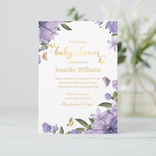 蝶の紫のフローラ赤ちゃんシャワー 招待状 (スタンド正面)