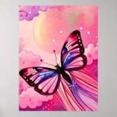 蝶の絵画飛ぶ雲ピンクの午後の太陽 ポスター