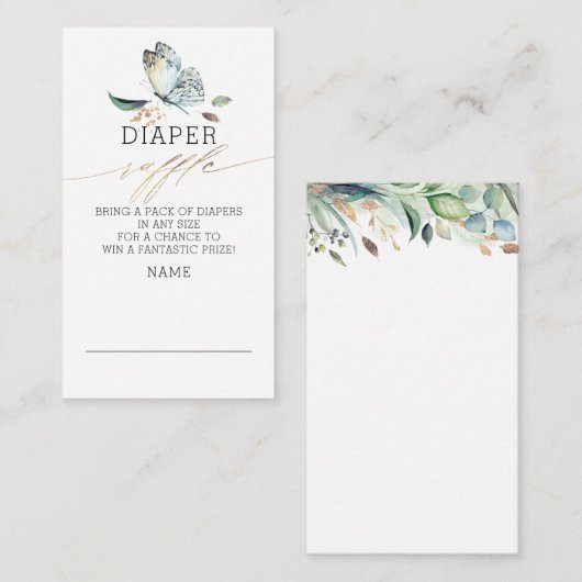 蝶の緑の赤ちゃんシャワーおむつラッフル エンクロージャーカード (正面/裏面)